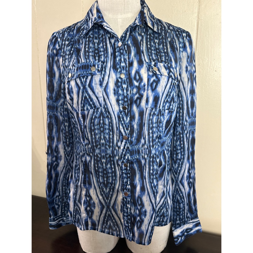 Anne Klein Womens 10P Blue White Ikat Abstract Print Long Sleeve Button Down